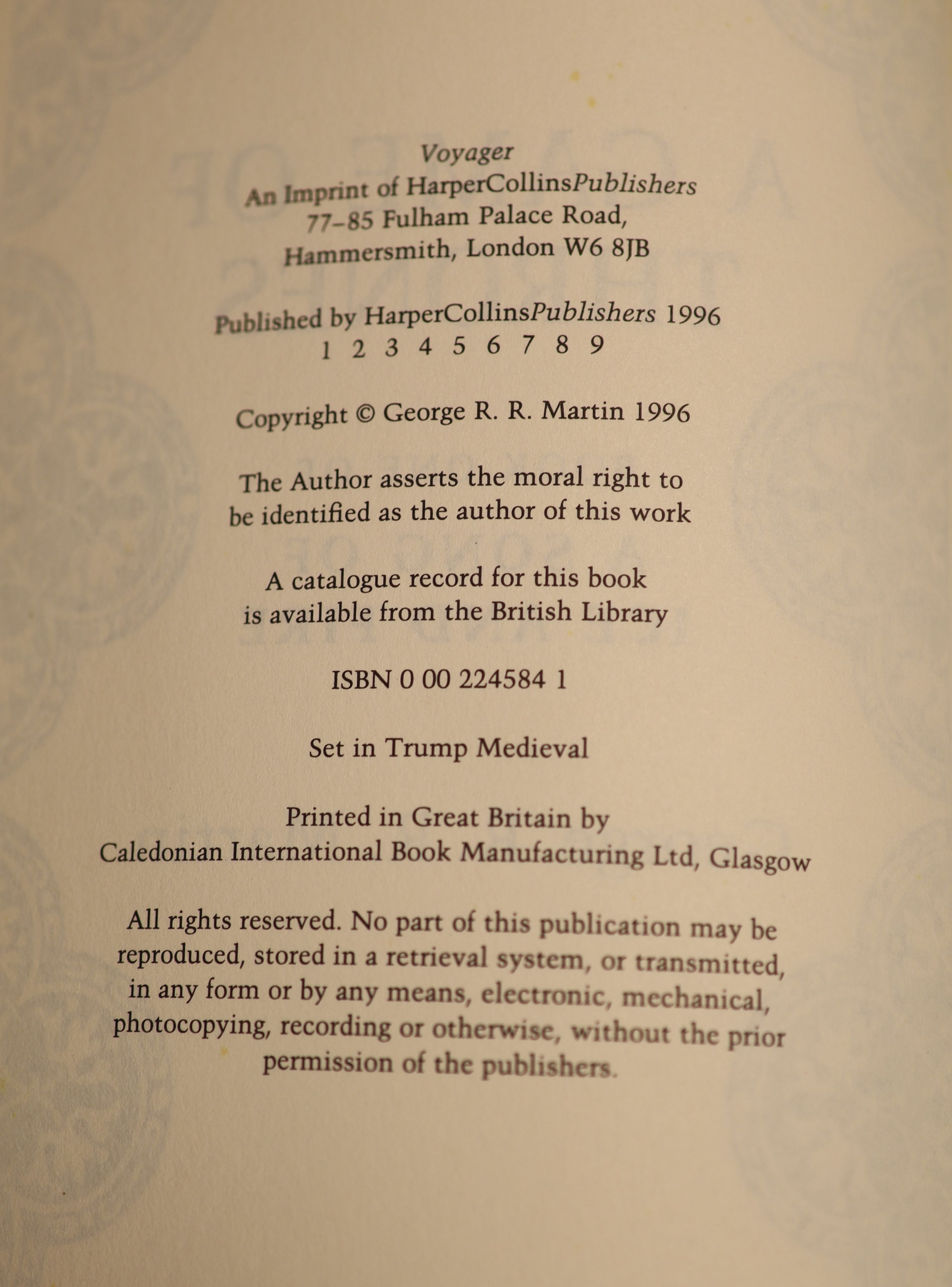 Martin, George R.R. - A Game of Thrones. Book One of a Song of Ice and Fire, 1st edition, original boards, in d/j, Harper Collins, London, 1996